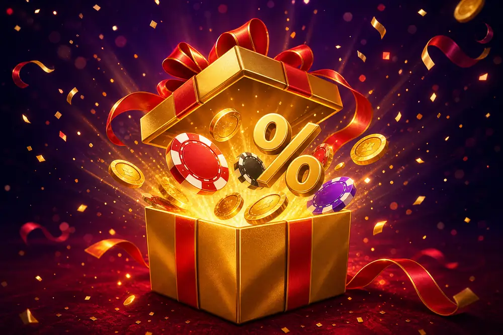 Ilustrasi kotak hadiah bonus dengan koin emas dan chip kasino