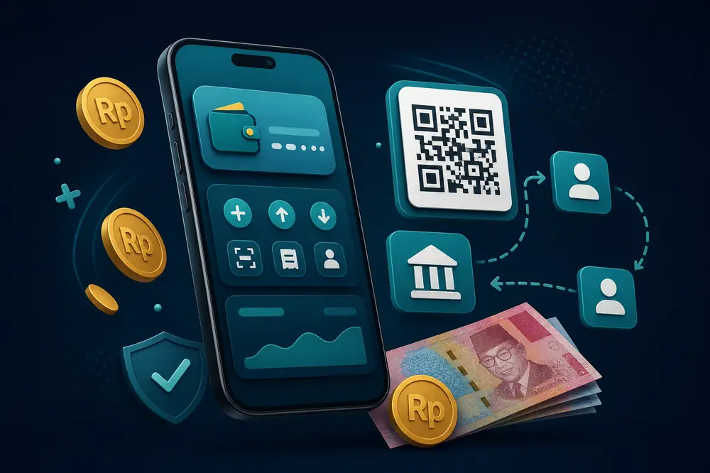 Ilustrasi ponsel dengan dompet digital, kode QR, dan koin rupiah