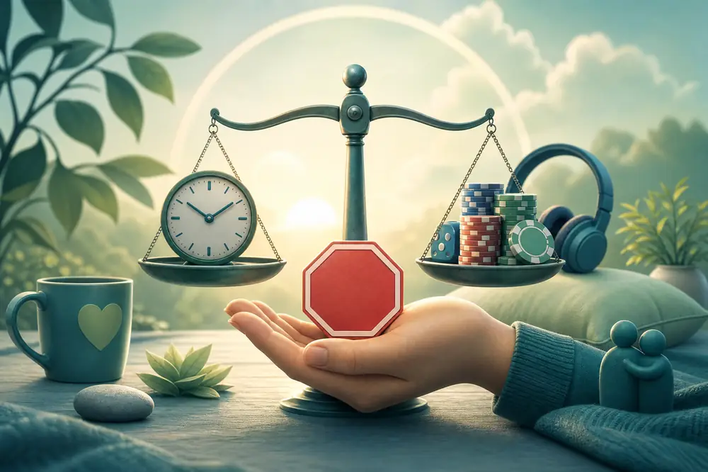Ilustrasi timbangan seimbang antara jam dan chip permainan dengan tangan memegang tanda berhenti