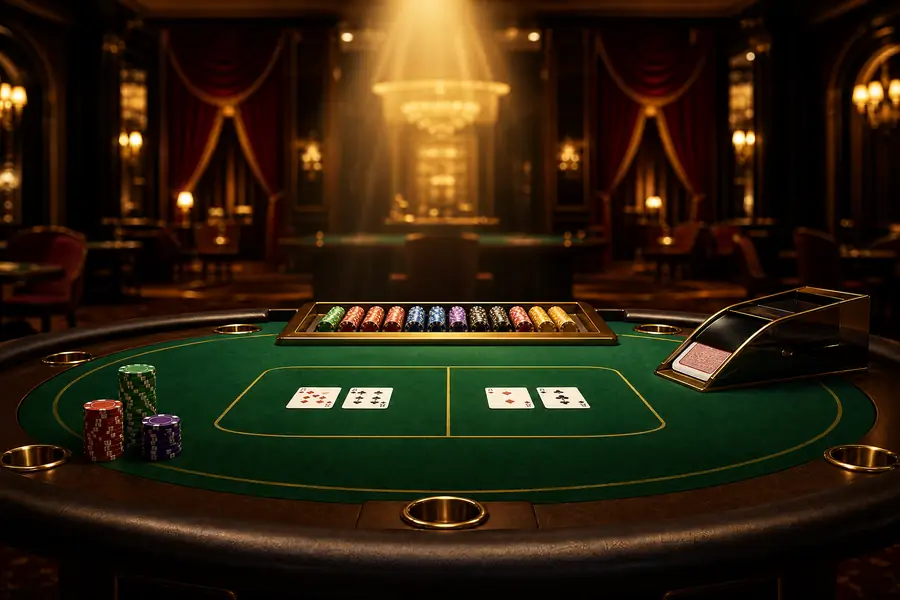 Meja baccarat live casino dengan chip dan kartu