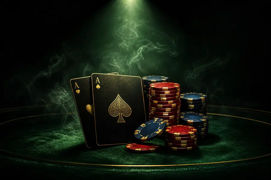 Dua kartu as dan tumpukan chip poker di meja hijau