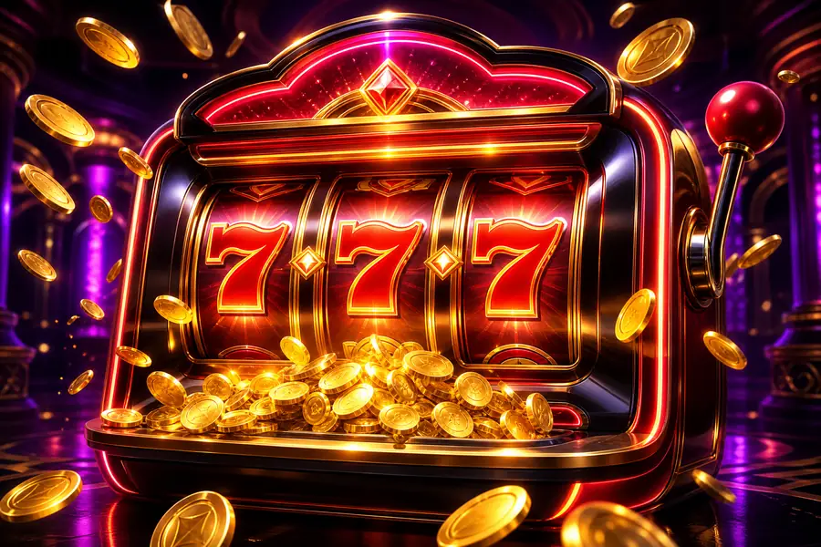 Mesin slot modern dengan simbol tujuh dan koin emas beterbangan