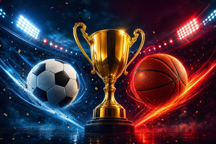 Trofi emas dengan bola sepak dan bola basket di stadion