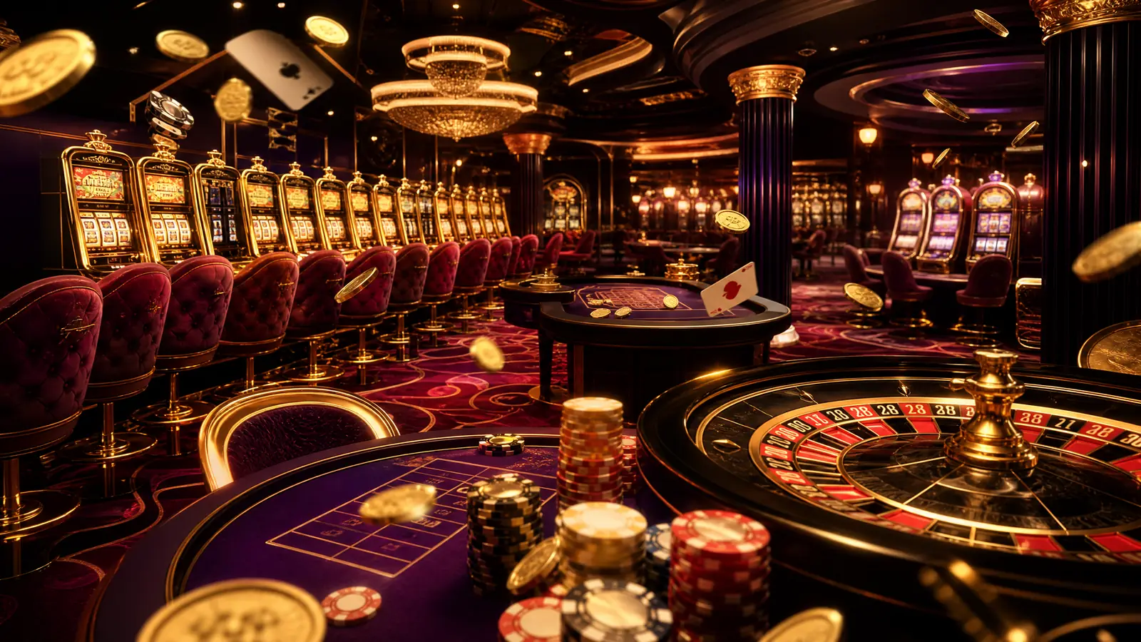 Suasana ruang kasino mewah dengan mesin slot dan meja roulette